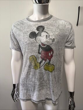 Disney Light Gray Mickey Mouse Graphic Tee with Red and Yellow Distressed
